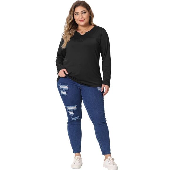 Plus Size Blouse Long Sleeve T-Shirt Notched Neck Loose Casual Top Black - Picture 3 of 5